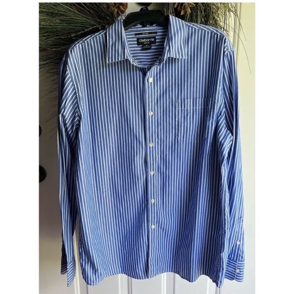 Men's Claiborne Slim Fit 2 ply Blue and White Pin striped Long Sleeve Button Up - Picture 1 of 9